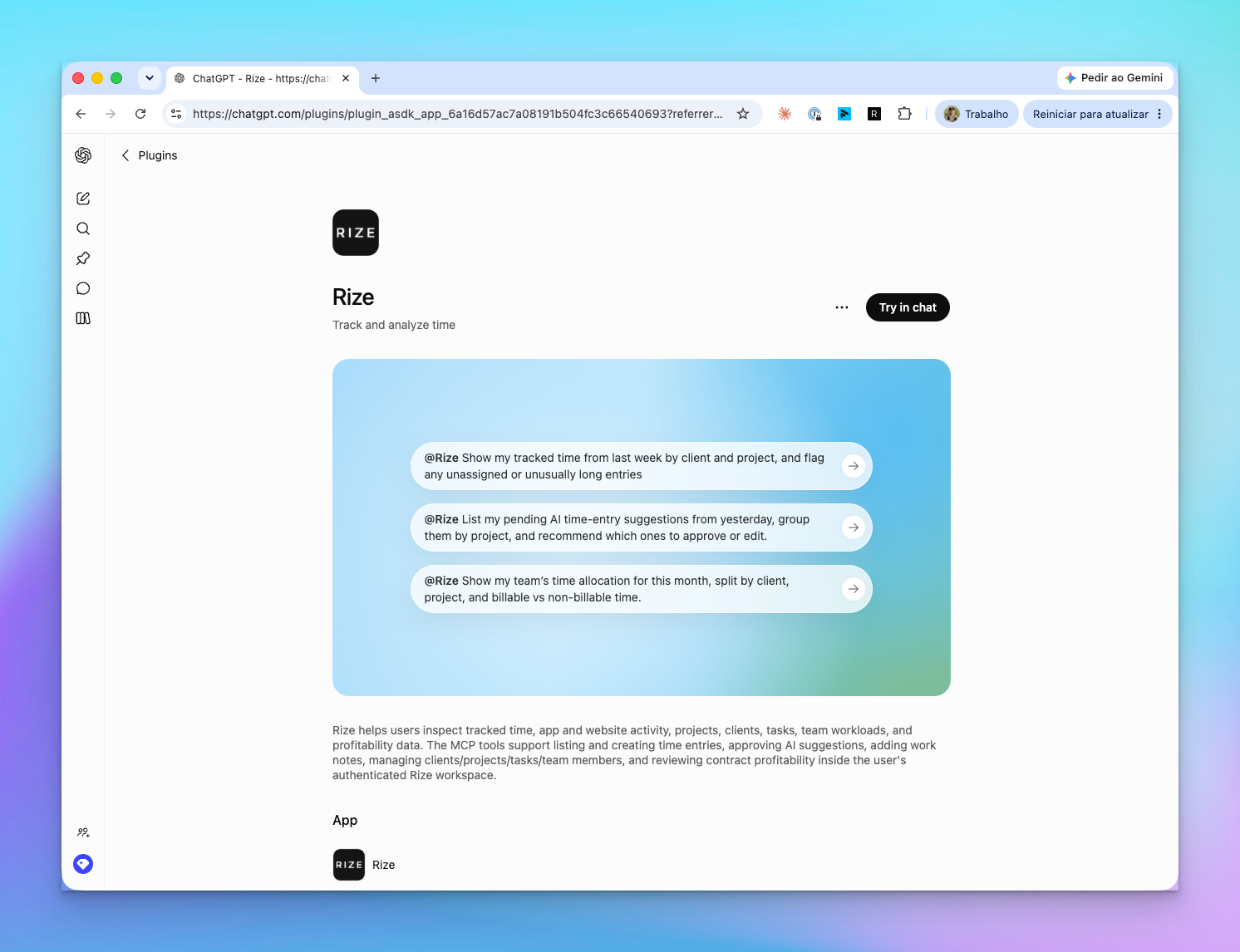 The Rize listing in the ChatGPT app directory with three example prompts