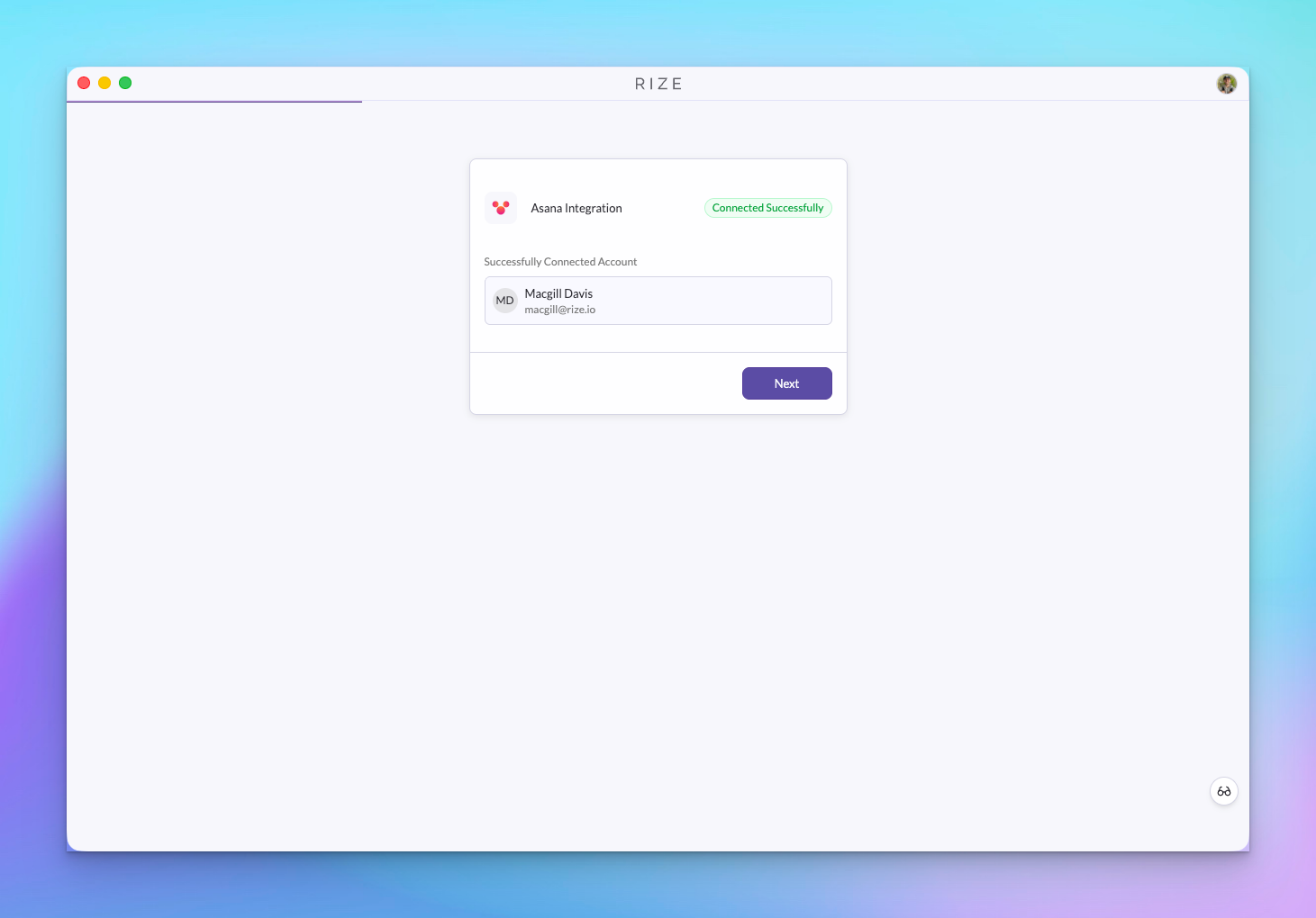 Rize Asana integration connected successfully