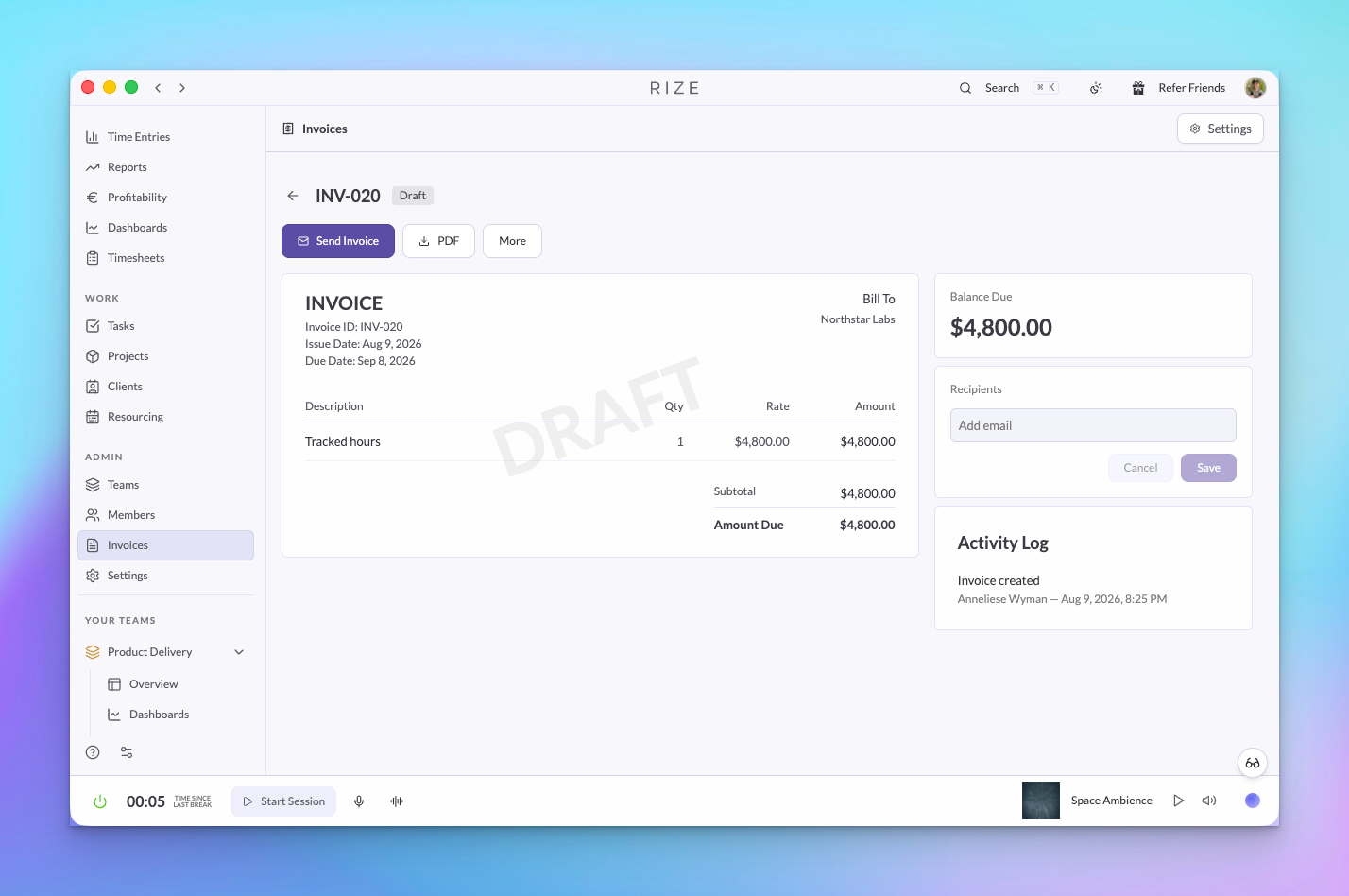 Rize draft invoice with send, PDF, balance due, recipients, and activity log