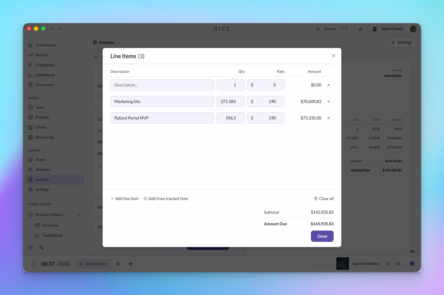 Rize invoice line items dialog with quantities, rates, and Add from tracked time