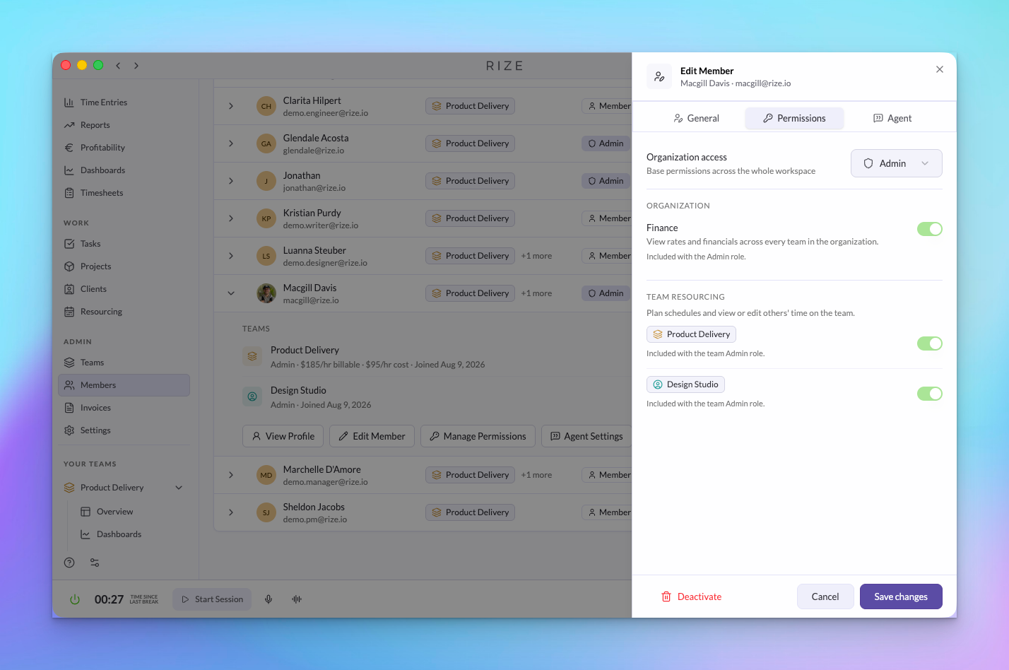Rize member edit sheet on the Permissions tab with Finance and Resourcing grants over the organization Members list