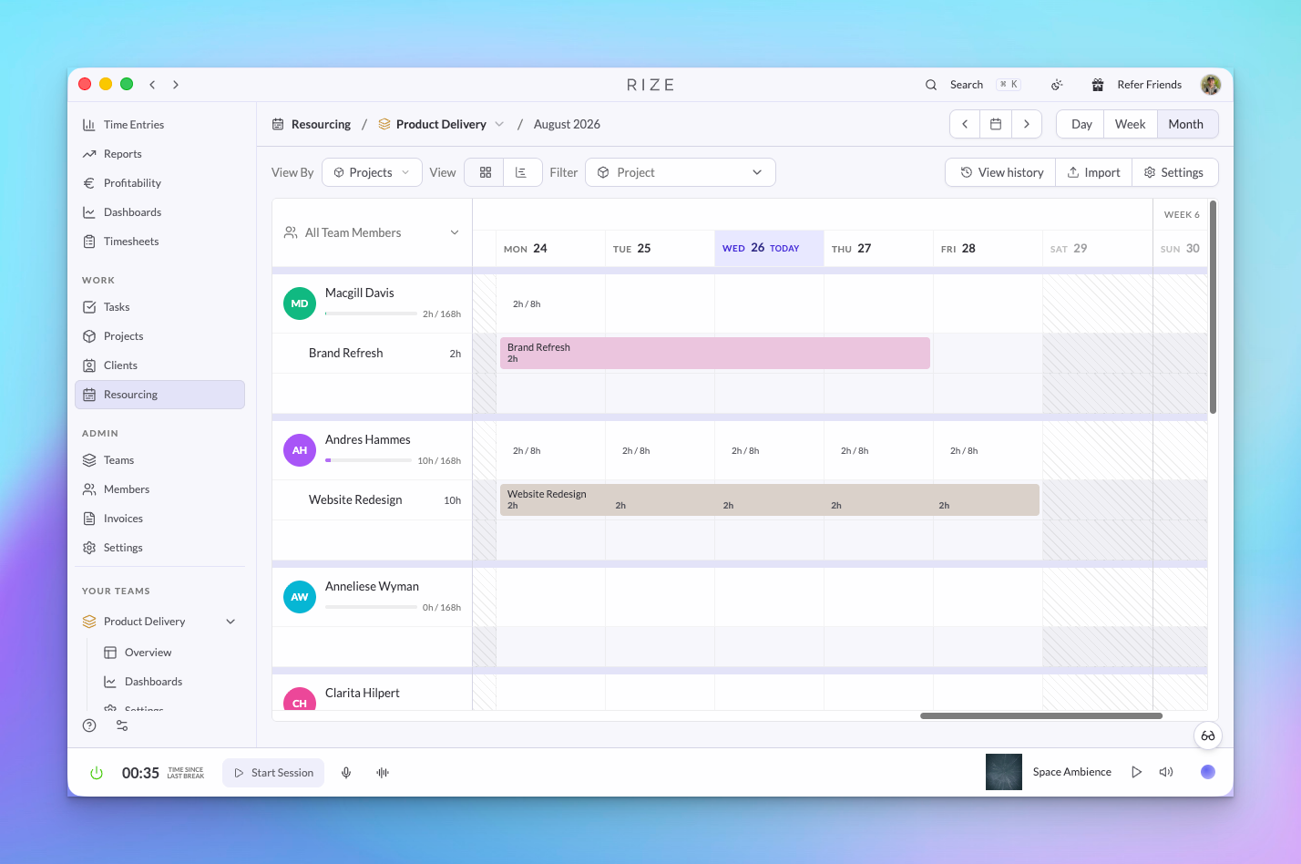 Rize resourcing grid with scheduled assignments by member and week