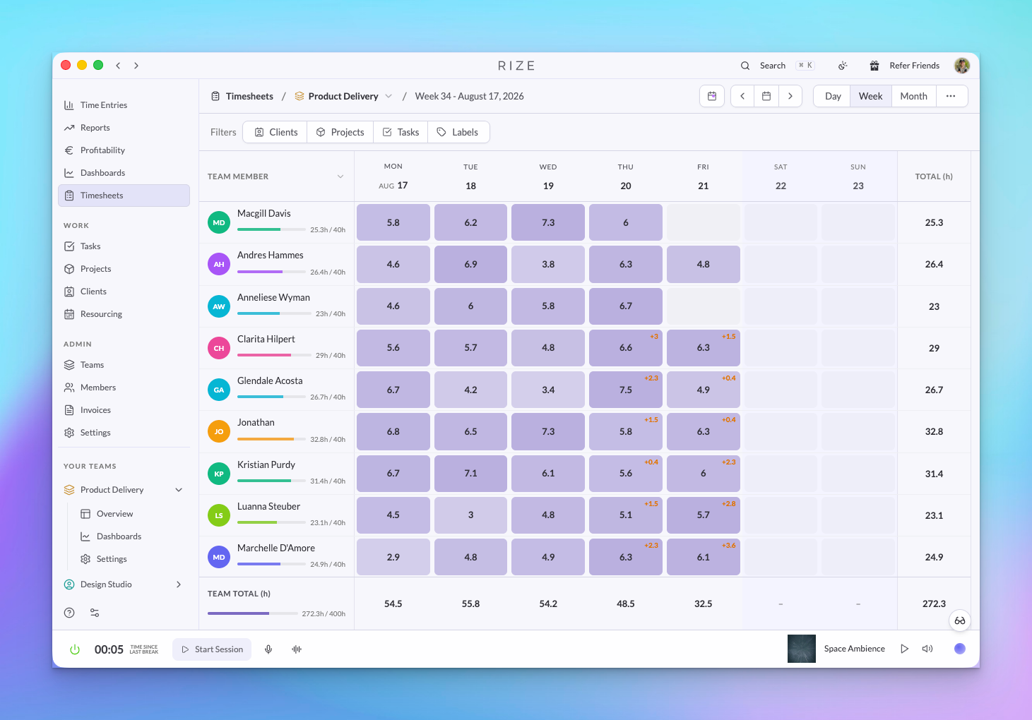 Rize team timesheets grid with daily hours and pending time
