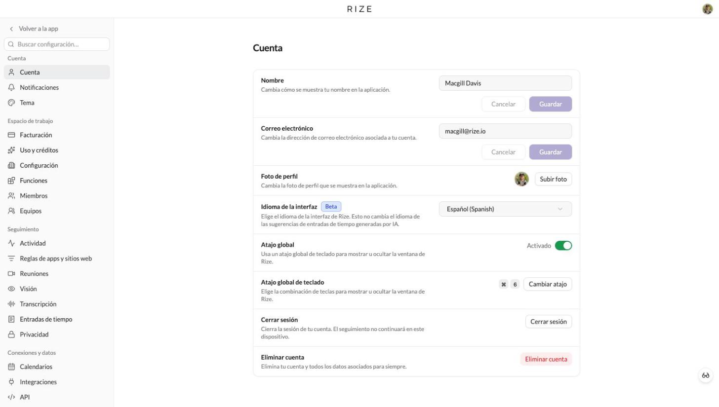 Rize Settings sidebar and Account page in Spanish