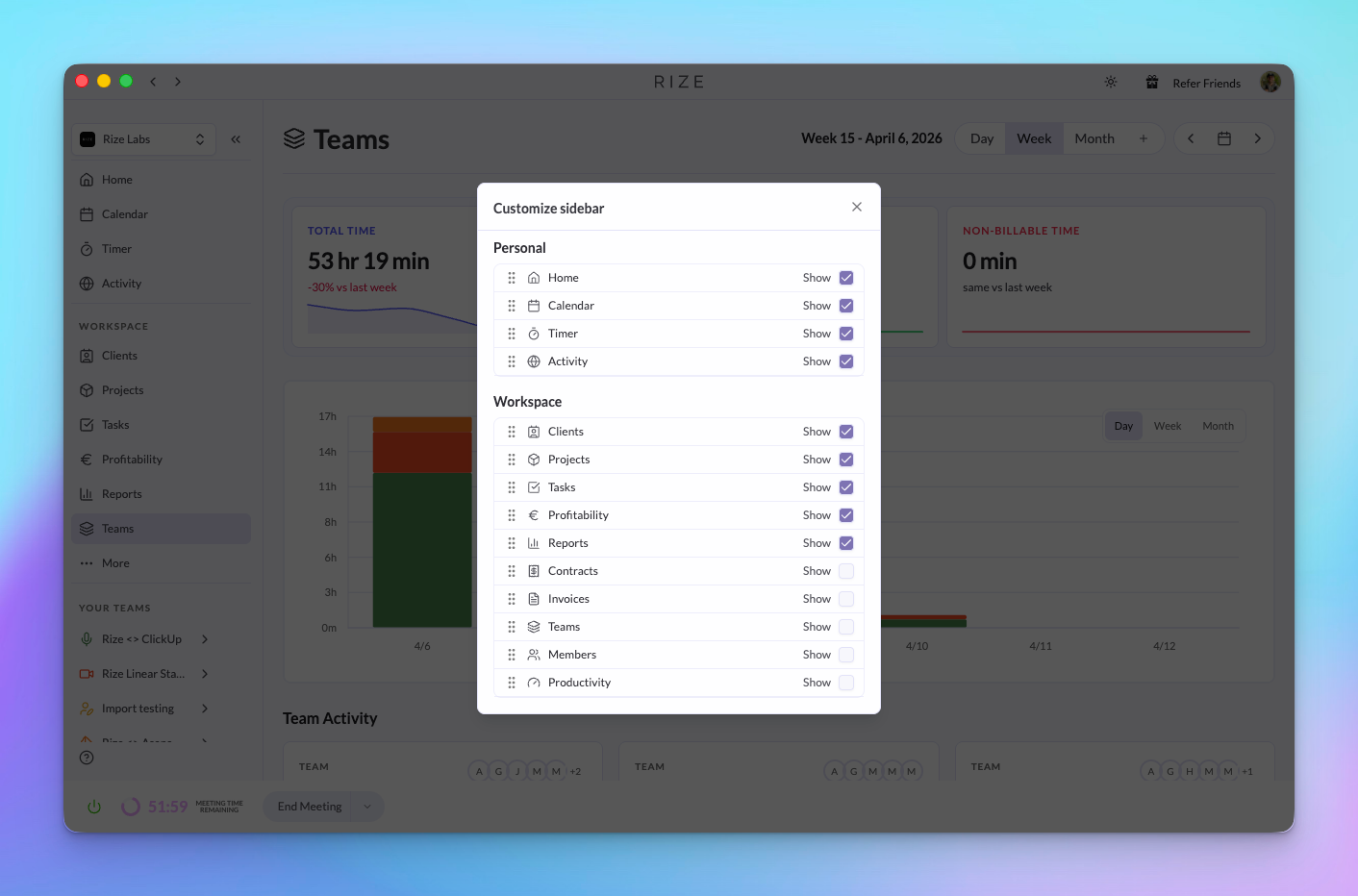 Customizable workspace sidebar