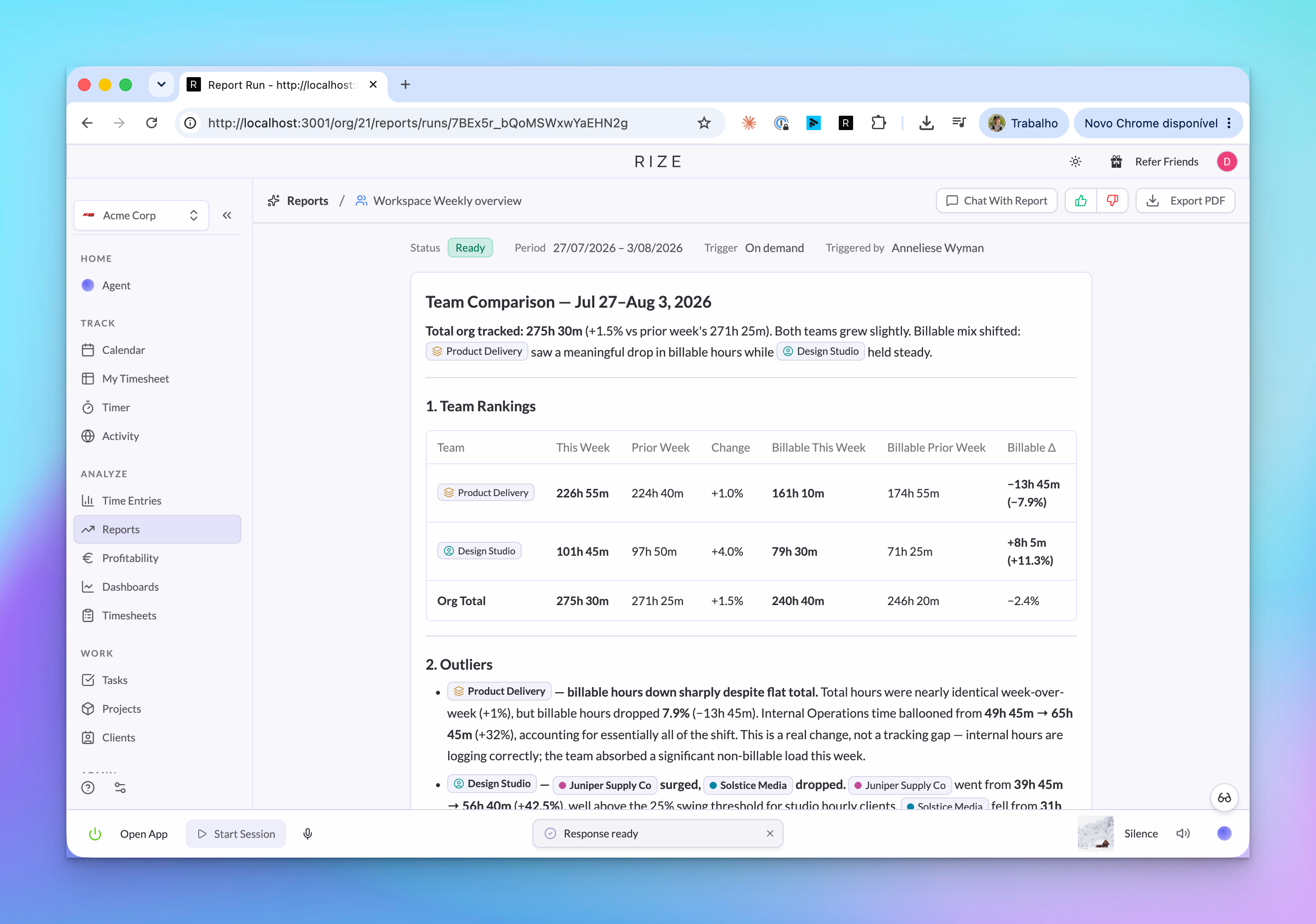 Team AI Report with generated analysis and linked team data