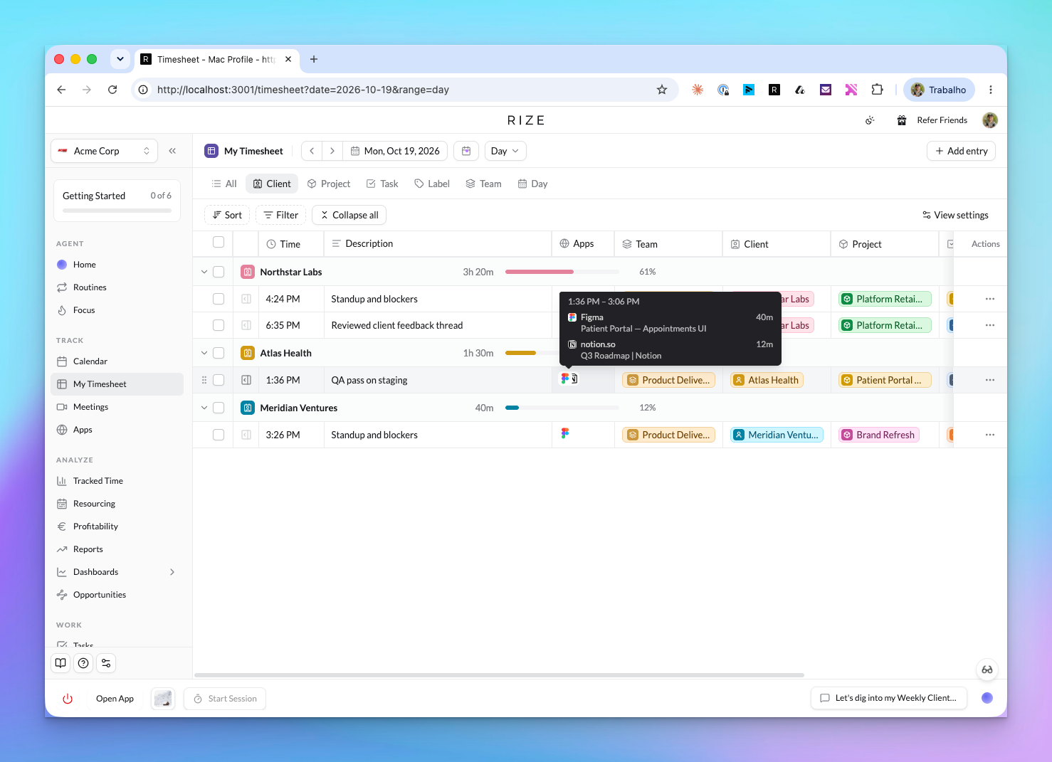 Rize My Timesheet with three client groups expanded and a hover tooltip on an entry showing Figma and Notion with their window titles