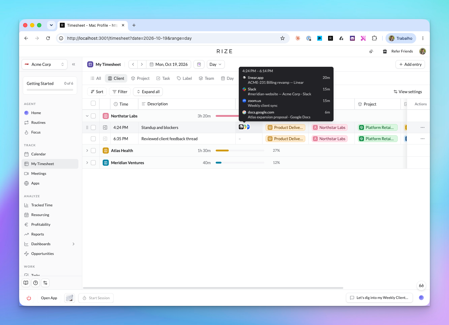 Rize My Timesheet grouped by client with an Apps column of stacked icons and a tooltip listing Linear, Slack, Zoom and Google Docs with durations