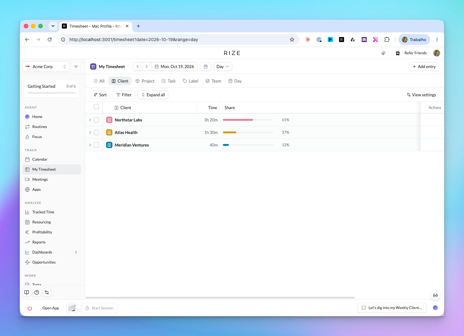 Rize My Timesheet grouped by client with every group collapsed, showing Client, Time and Share columns with a share meter per client