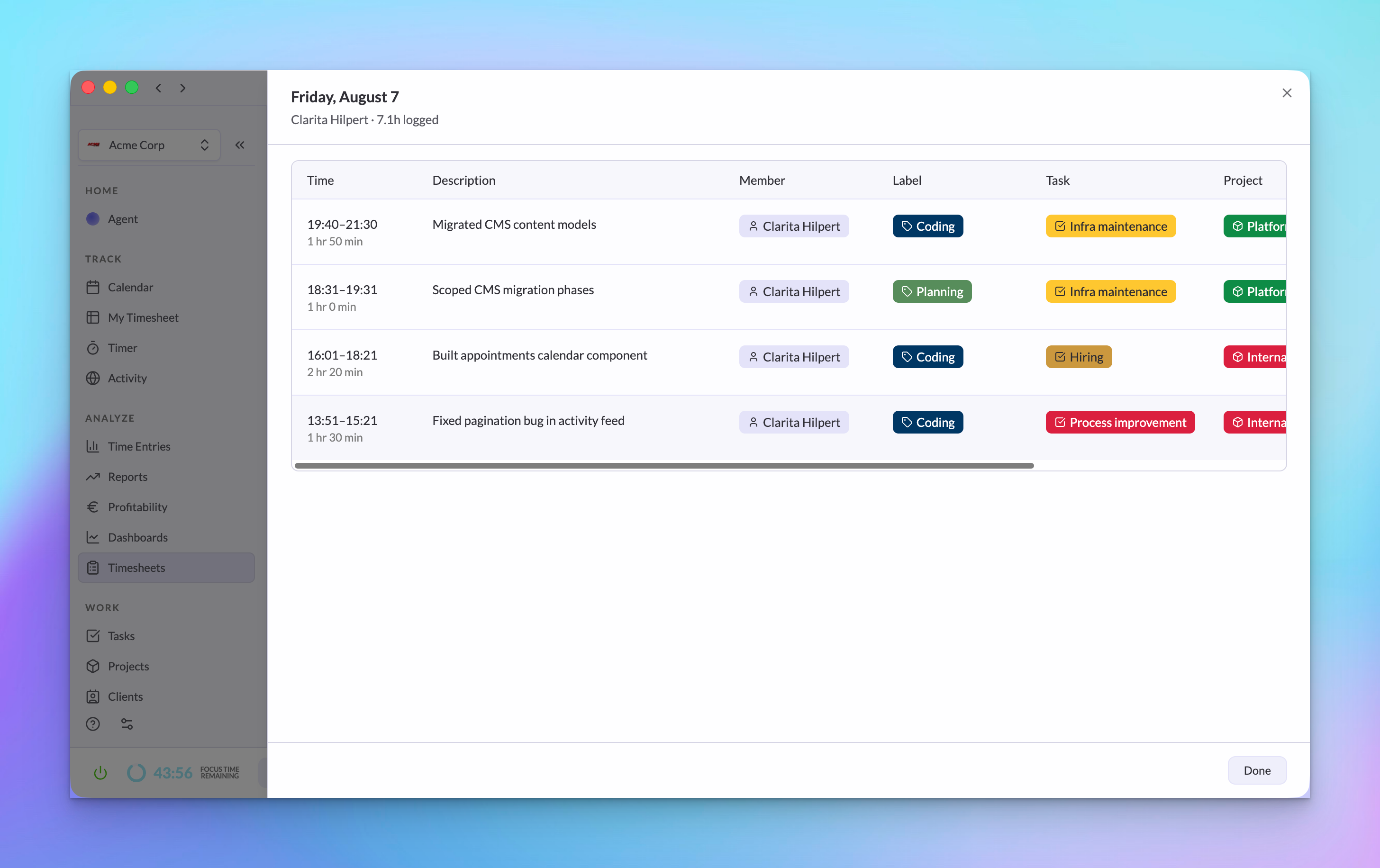 Rize Team Timesheets weekly grid with daily hours, pending time, capacity, filters, and totals
