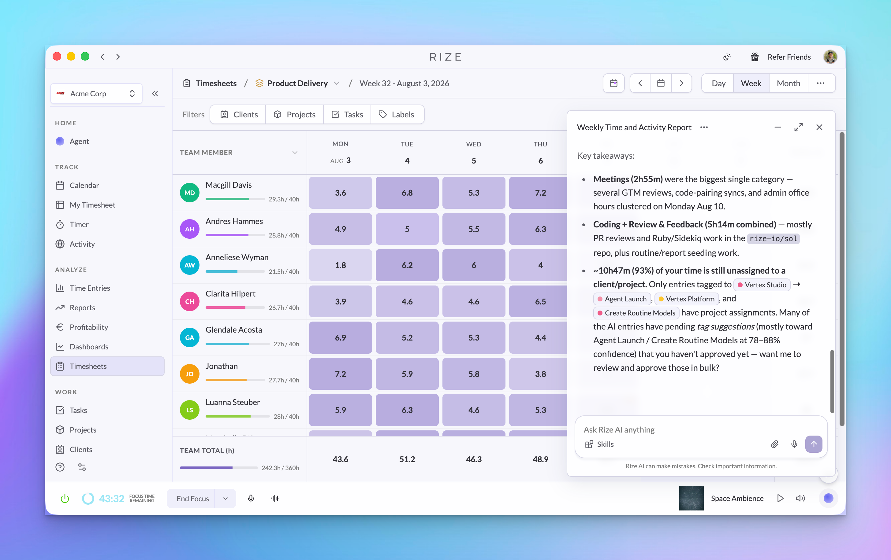 Team Timesheets with Agent chat opened for follow-up analysis