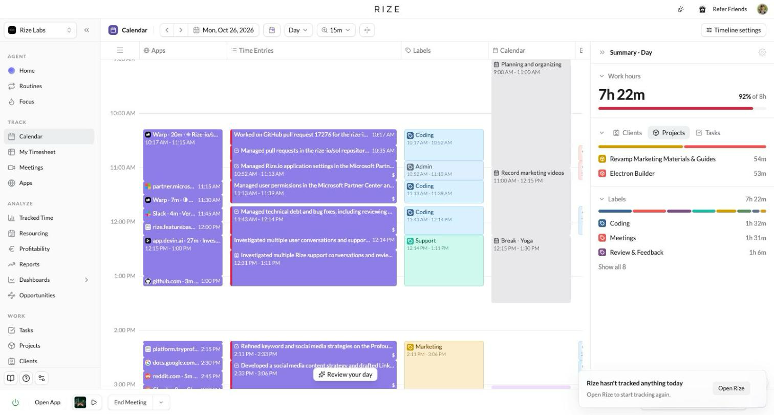 The Rize Calendar day view with a toast in the corner saying Rize has not tracked anything today, with an Open Rize button