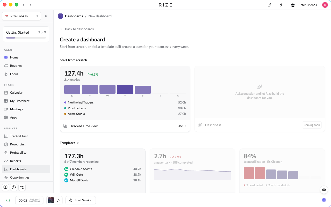 Dashboards page with favorites and the New dashboard templates