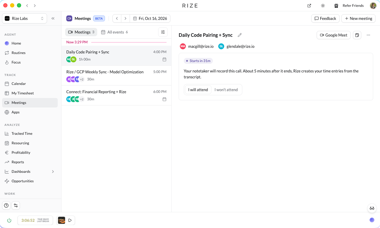 Meetings list with a transcript open