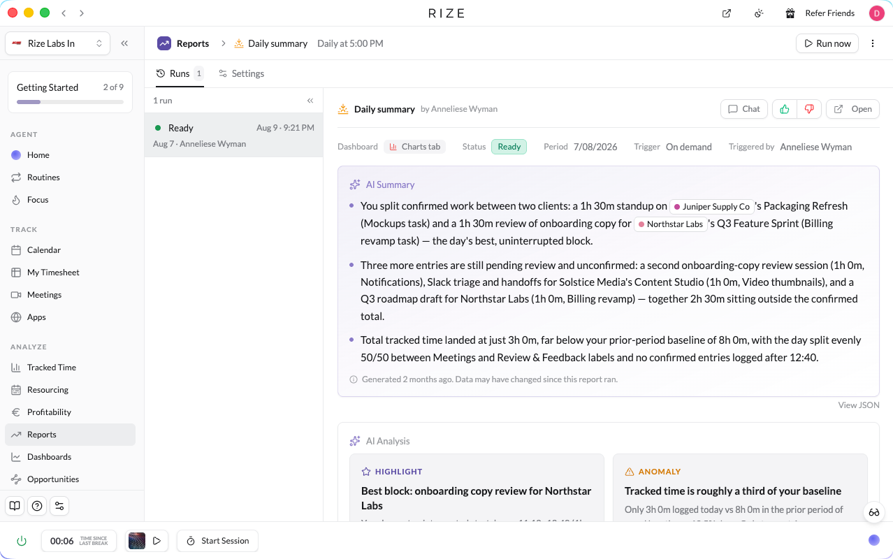A report page with the run rail and an AI analysis