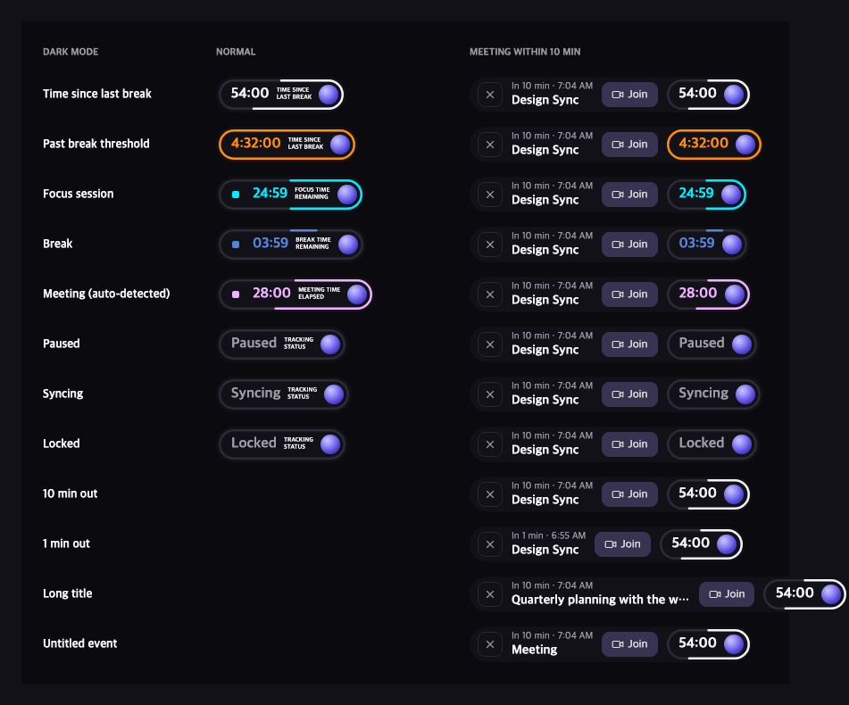 Every state of the new Rize desktop widget in dark mode, normal on the left and with an upcoming meeting, countdown and Join button on the right