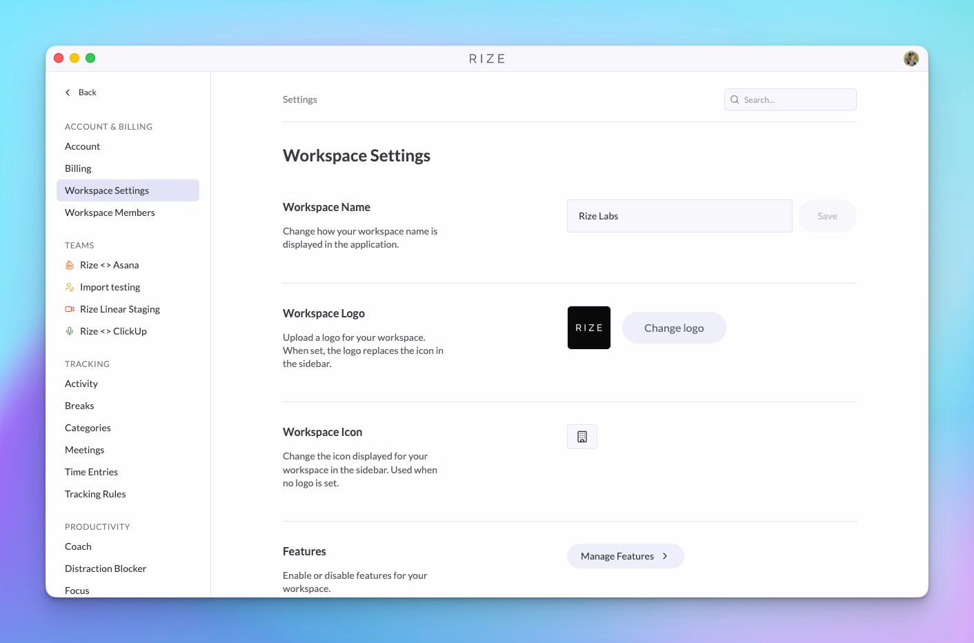 Workspace with custom logo in sidebar