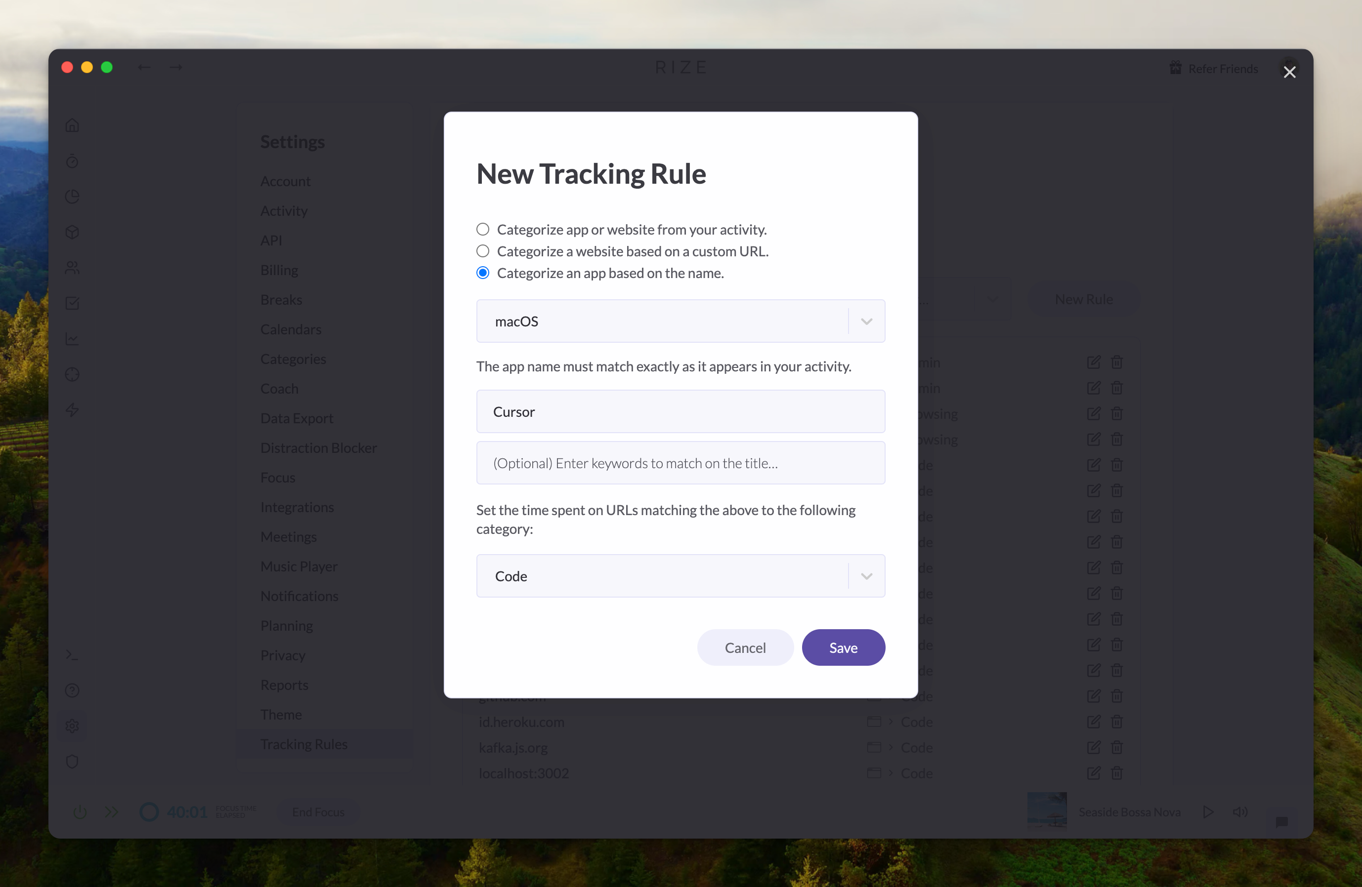 Screenshot showing the Tracking Rule Onboarding