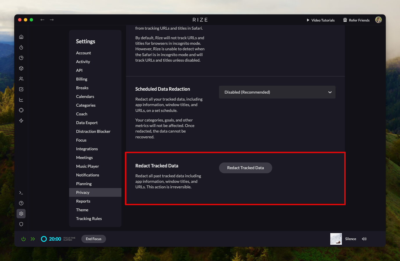 Screenshot showing the Redact Tracked Data button in Privacy settings