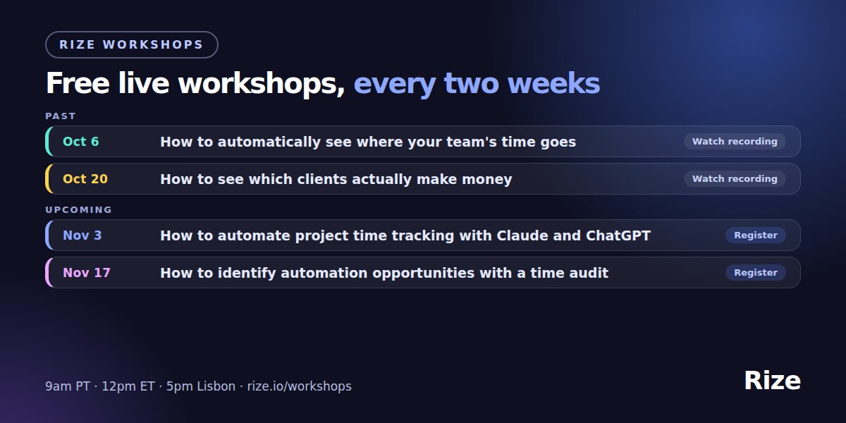 Rize Workshops: free live workshops every two weeks. Past: October 6 and October 20 recordings. Upcoming: November 3 and November 17 at 9am PT.